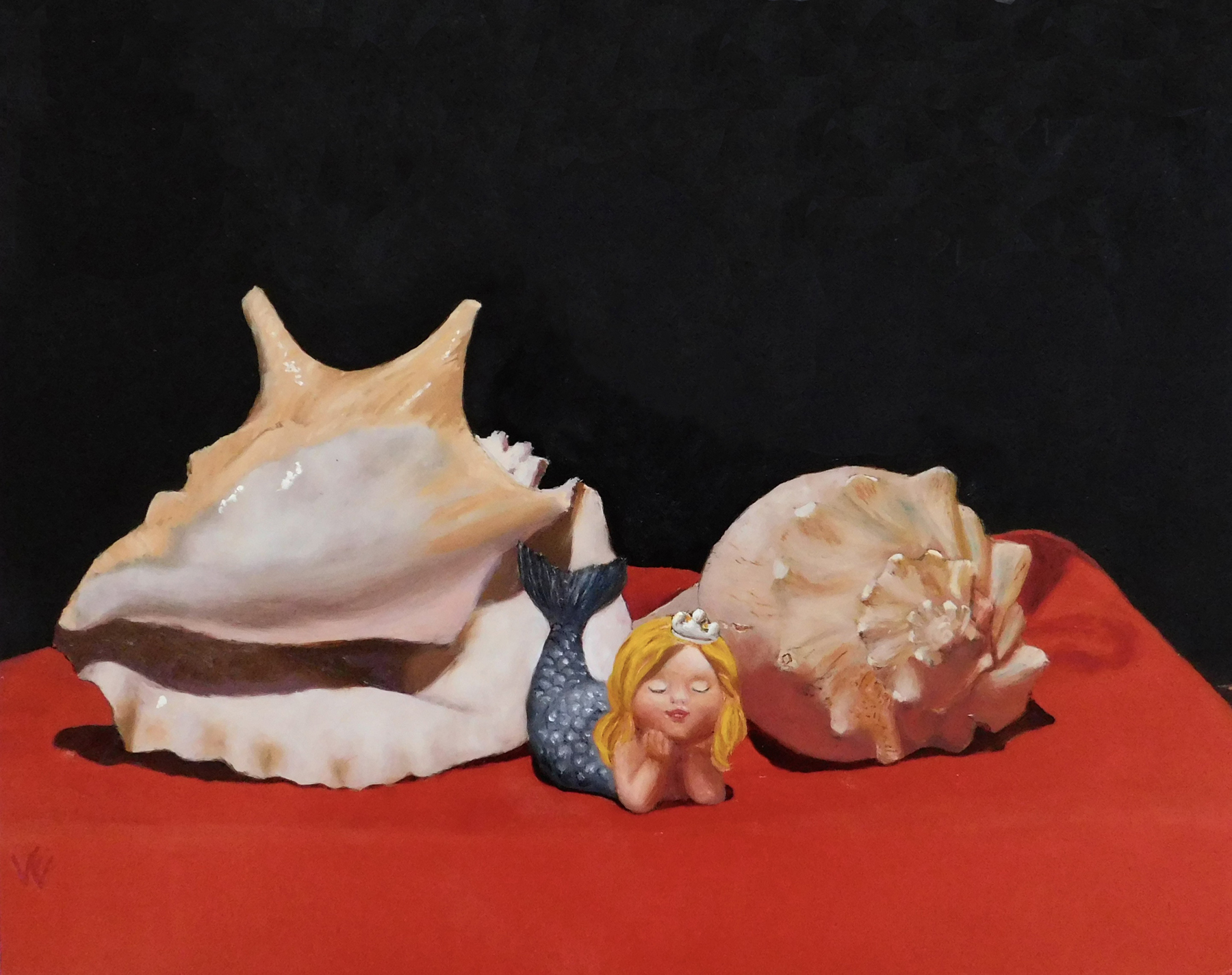 Still Life of two shells with a mermaid figurine. oil on aluminium board